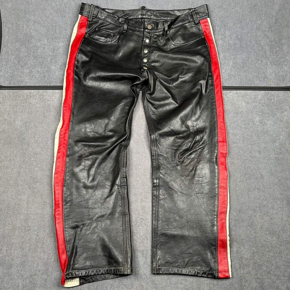 Triumph Motorcycles Leather Racing Pants Black Red White Stripe Biker Mens 36x29